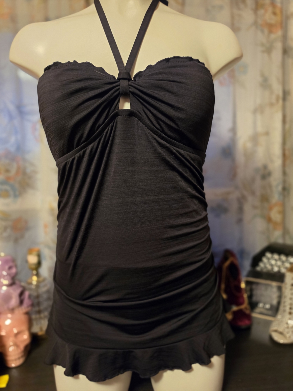 Strapless Halter Little Black Swim Dress with Ruffle Hem